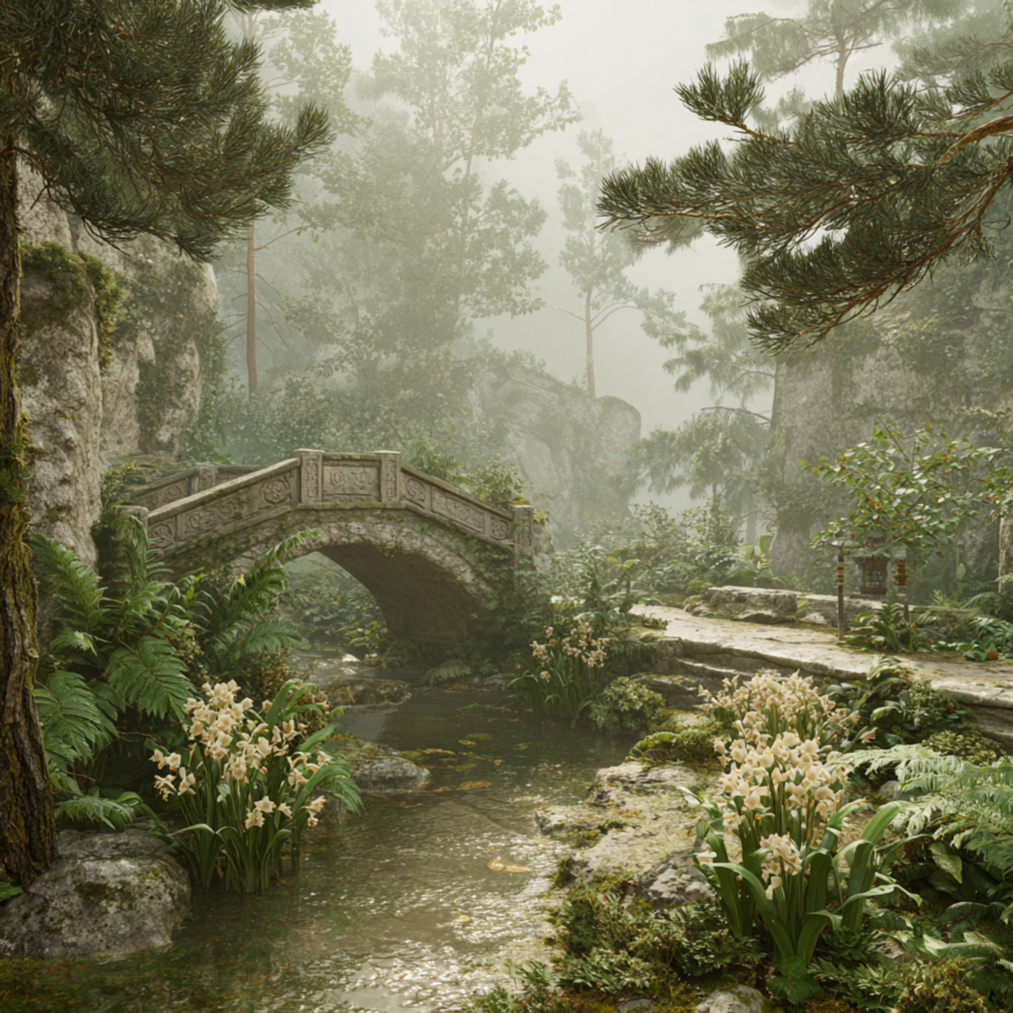 Dew on Carved Stone Bridges