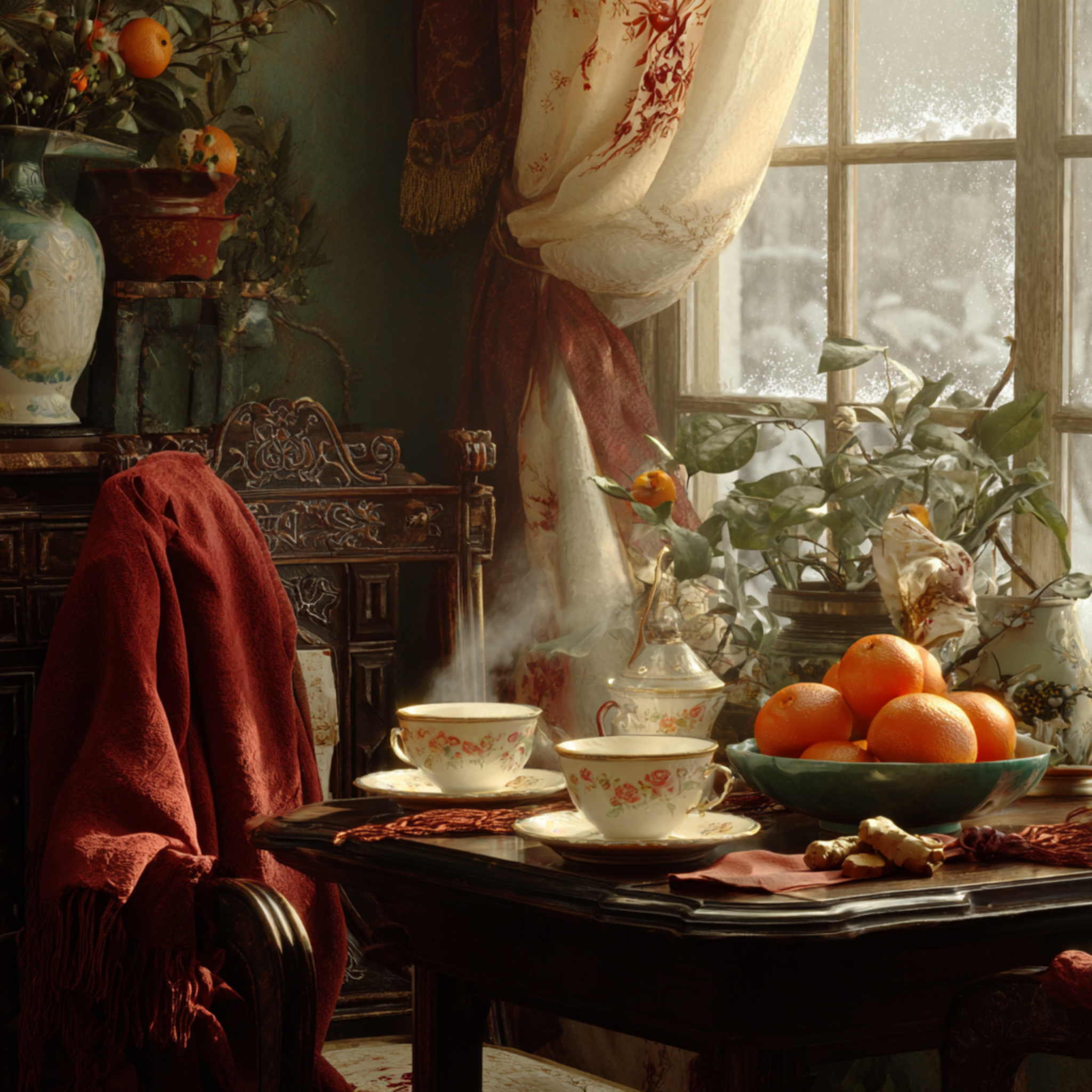 Porcelain Teacups & Red Wool