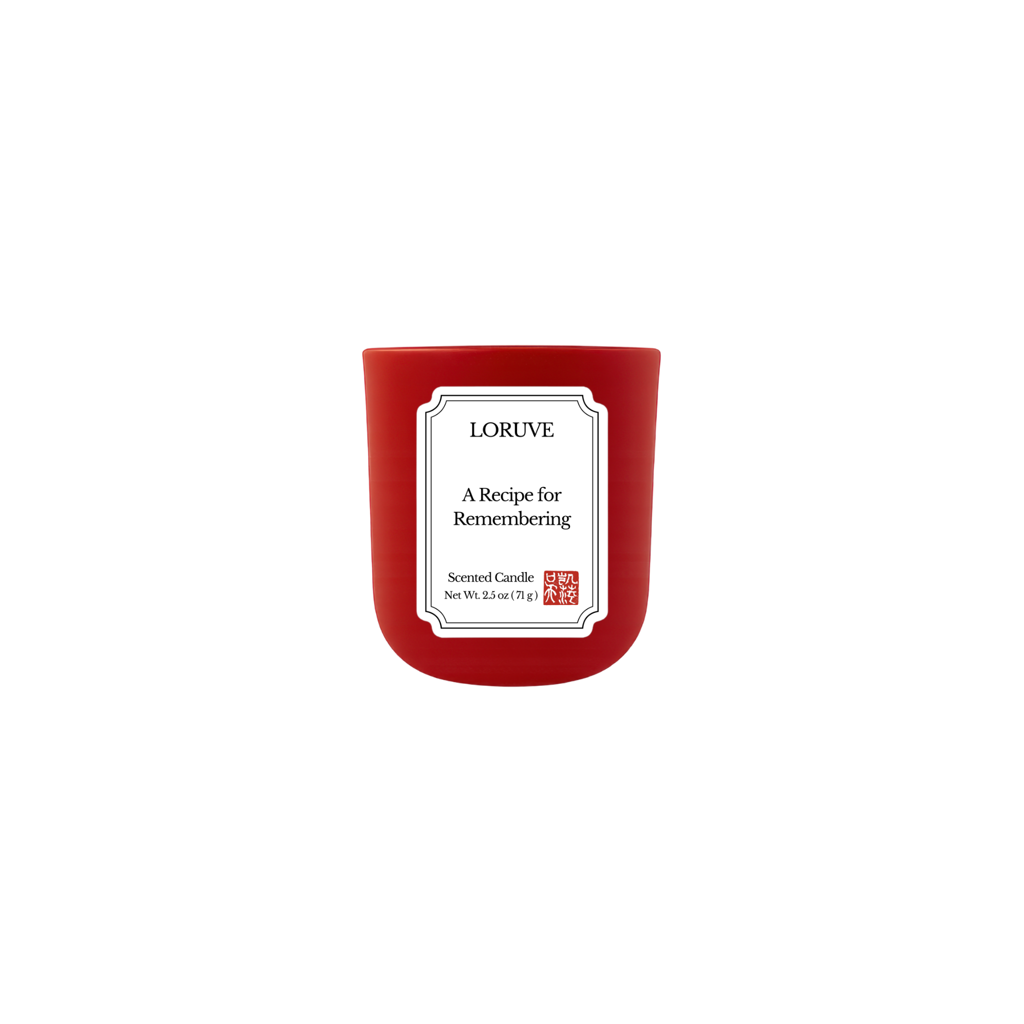 Red candle with a white label on a white background