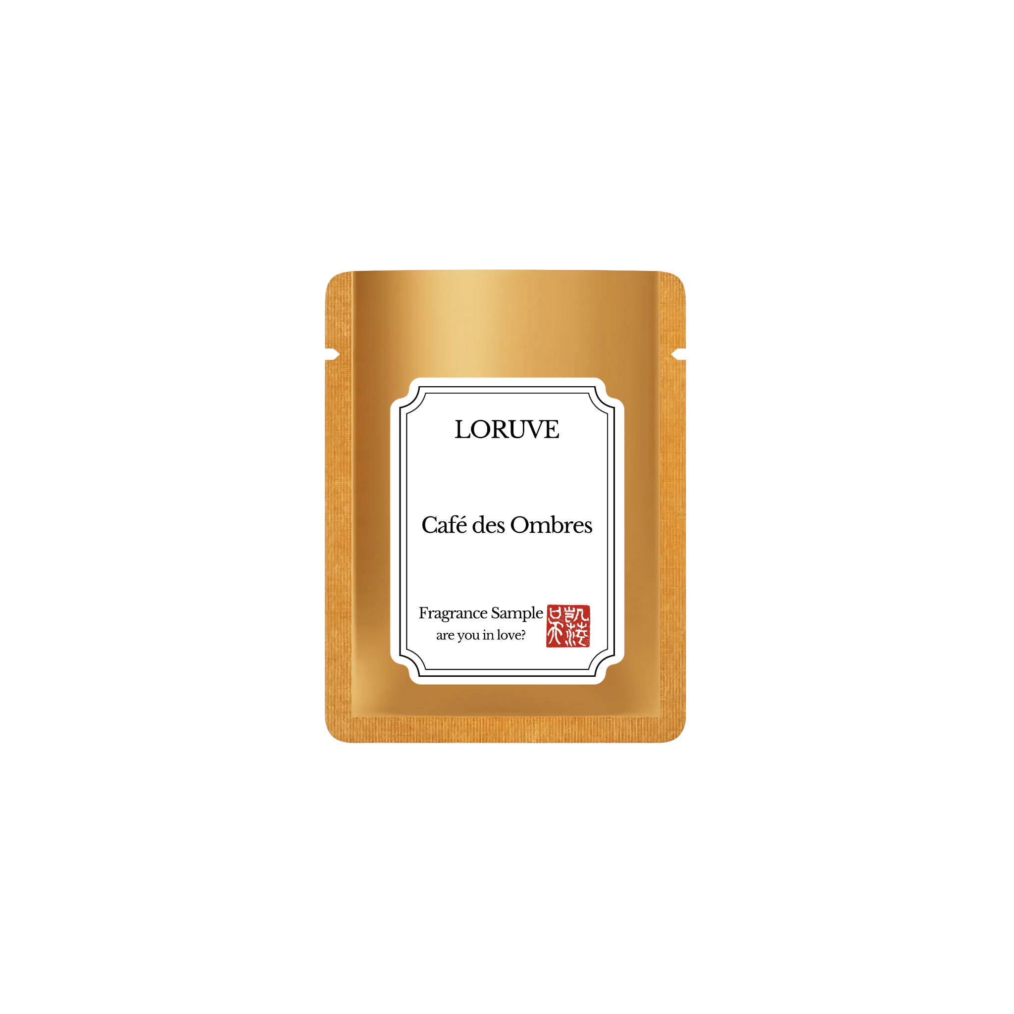 LORUVE Cafe des Ombres fragrance sample packet on a white background