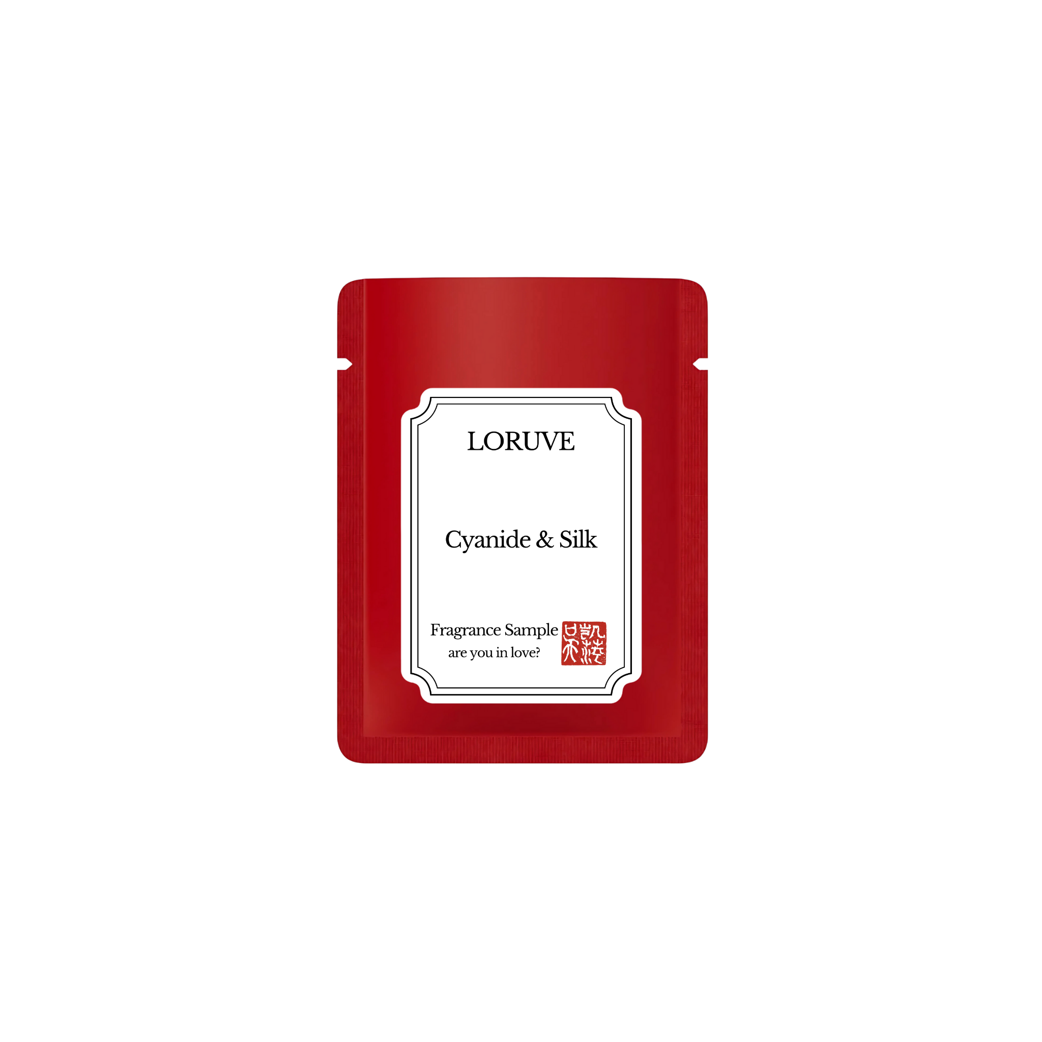 Red Loruve fragrance sample packet on a white background