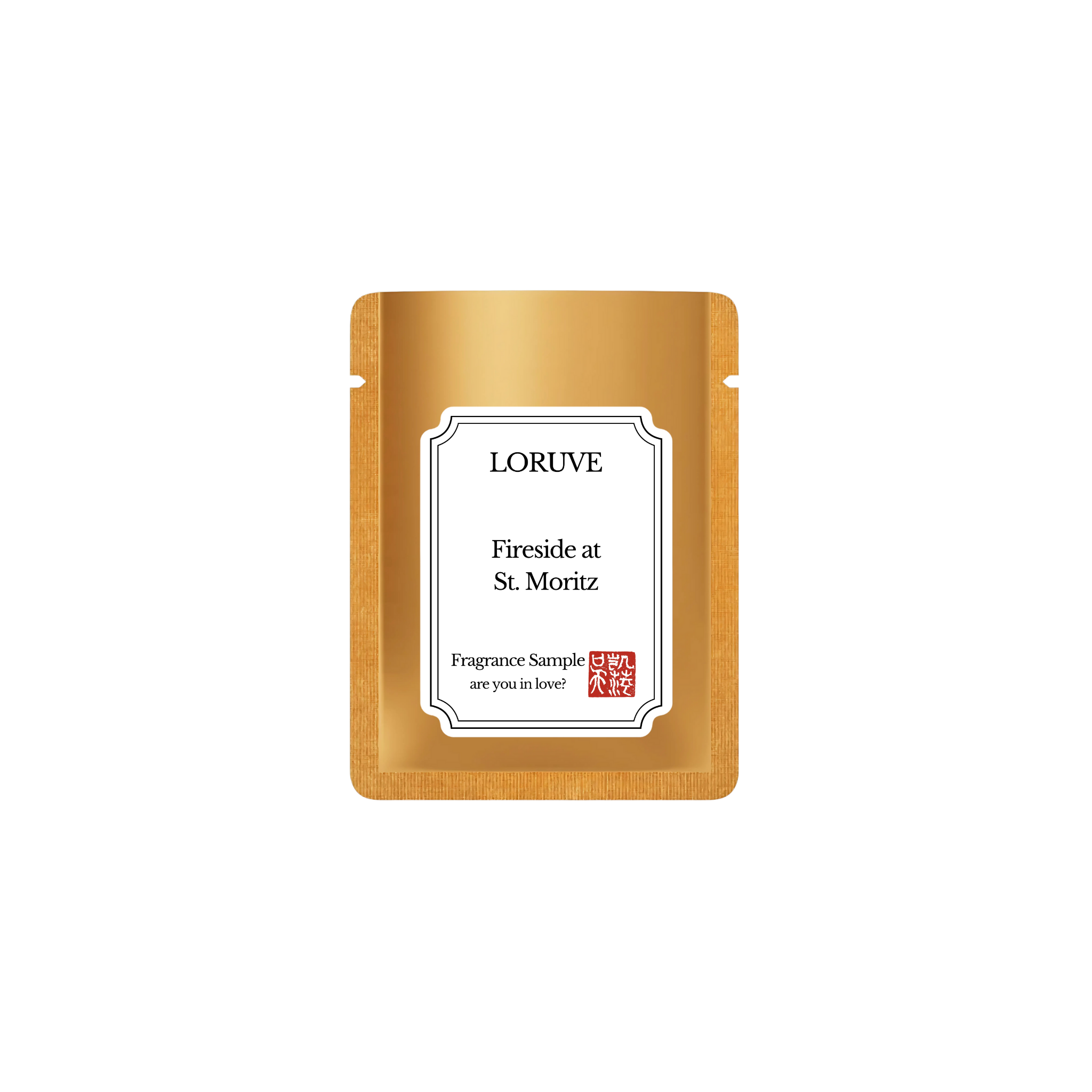 LORUVE Fireside at St. Moritz fragrance sample packet on a white background