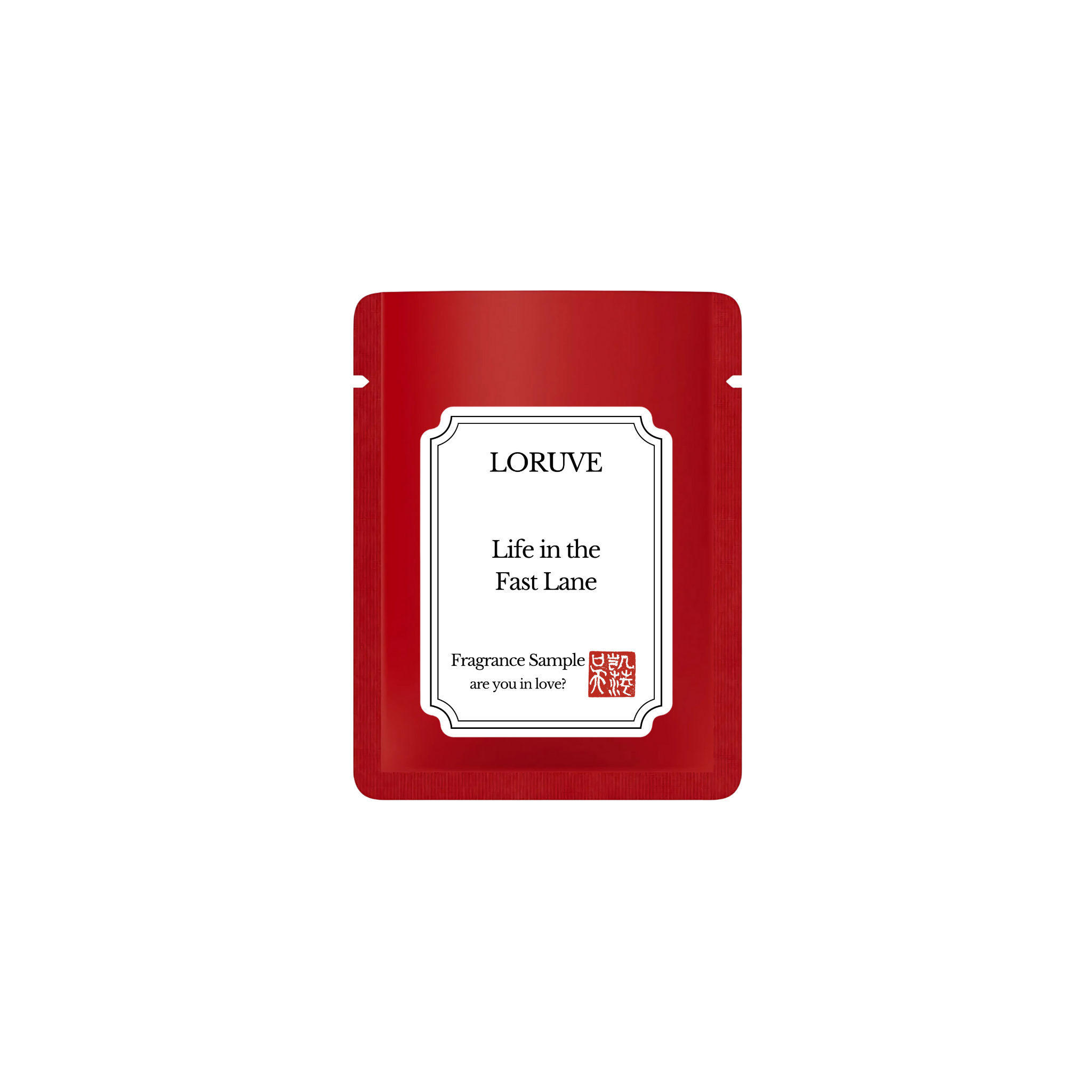 Red Loruve fragrance sample packet on a white background