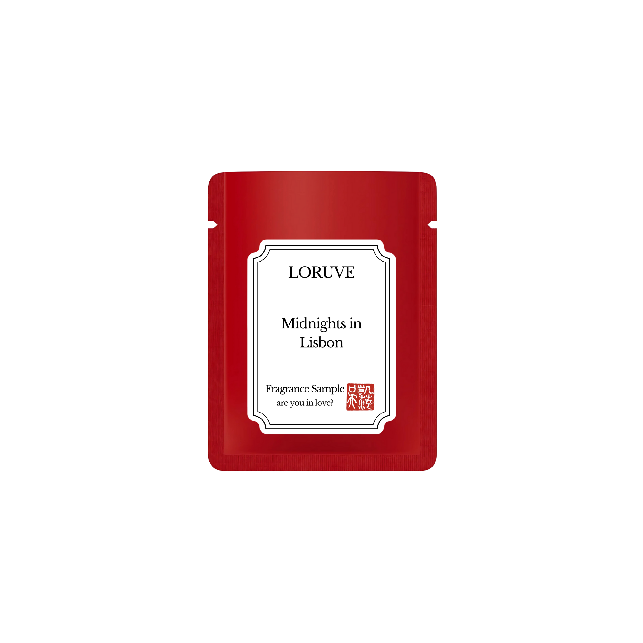 Red Loruve fragrance sample packaging on a white background
