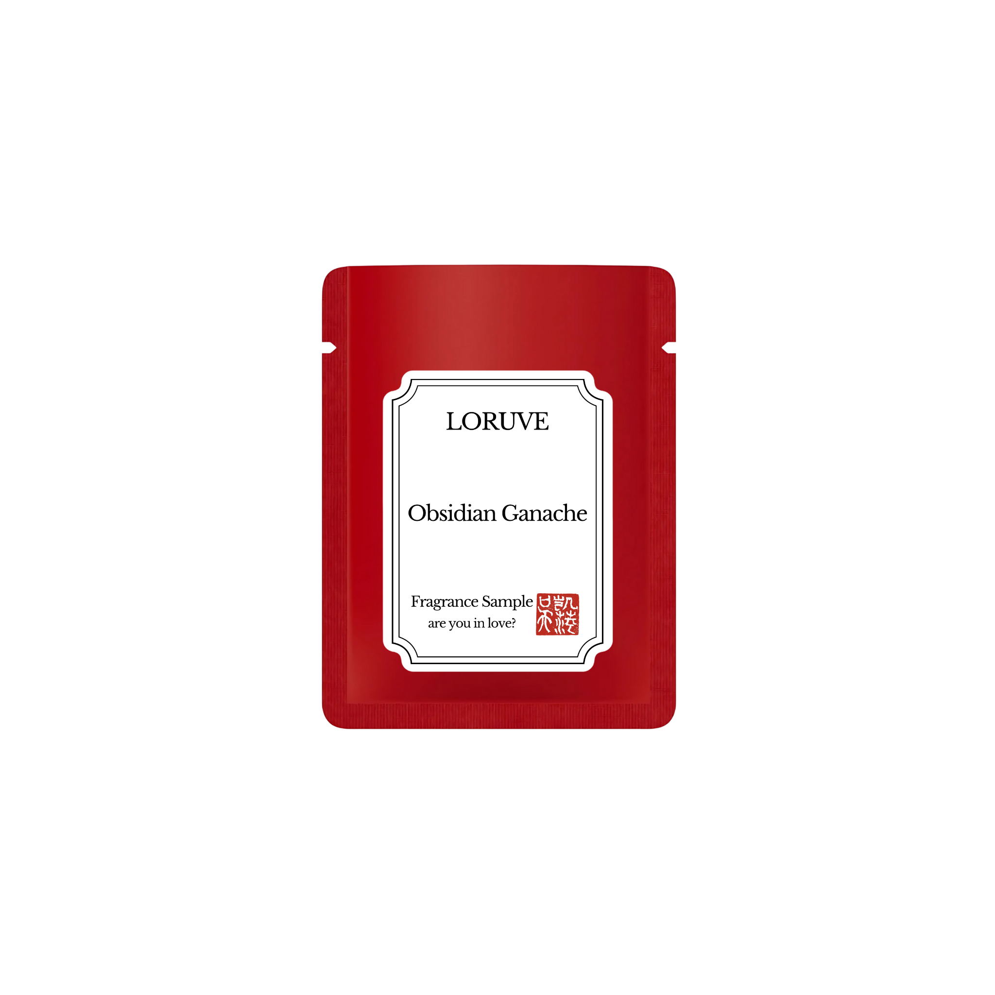 Red Loruve Obsidian Ganache fragrance sample packet on a white background