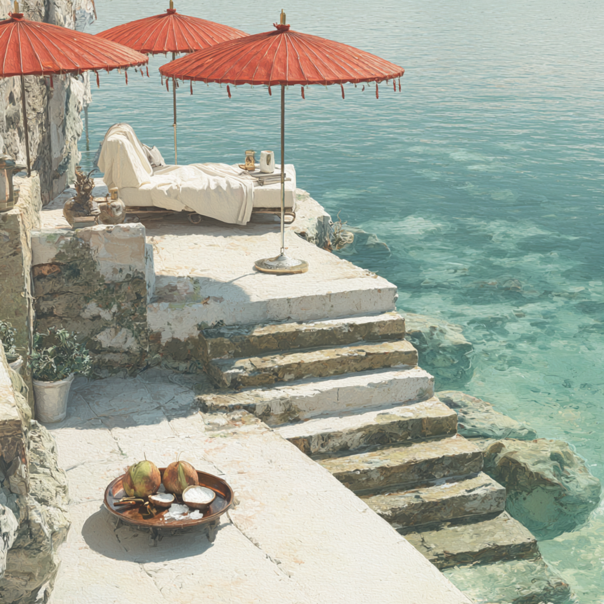 Red Umbrellas and Celadon Waters