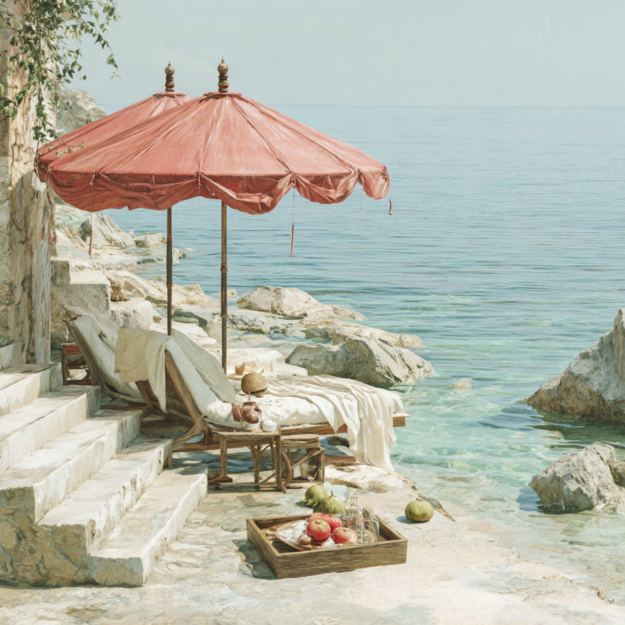 Red Umbrellas and Celadon Waters