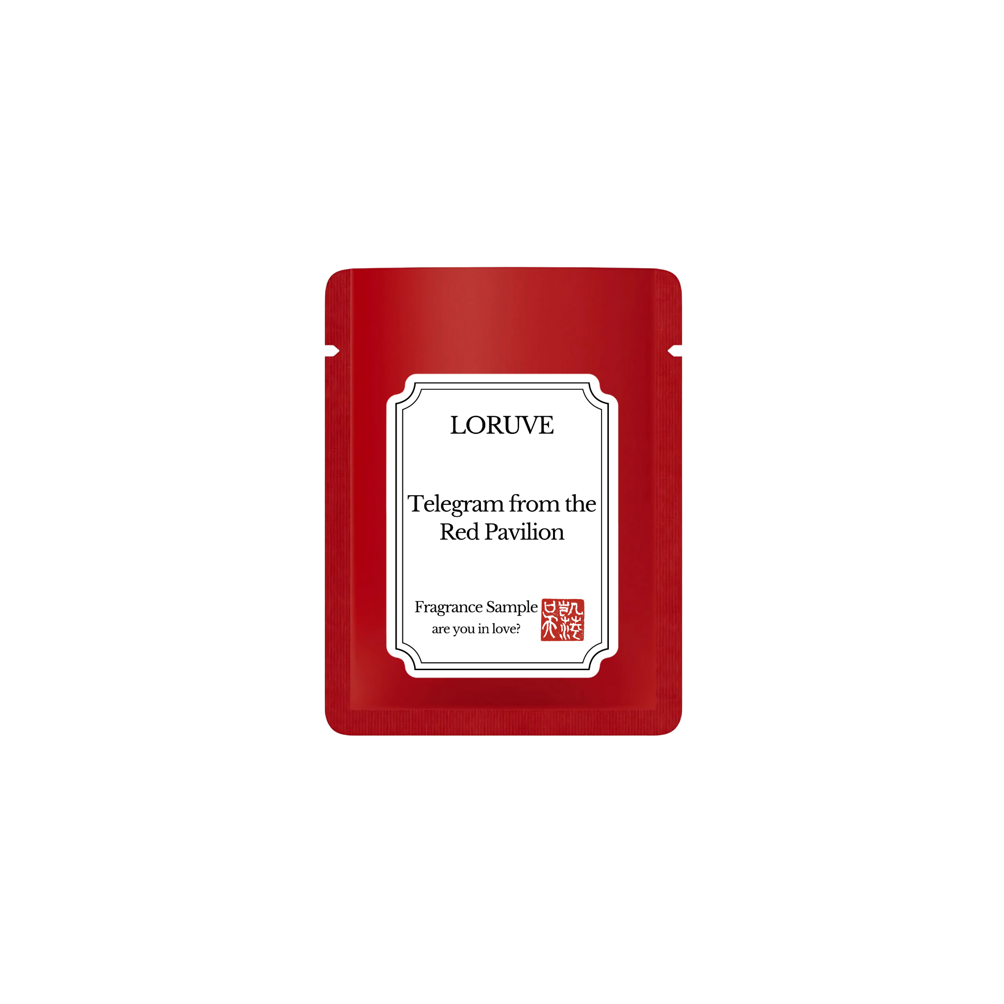 Red fragrance sample pouch with 'LORUVE' branding on a white background