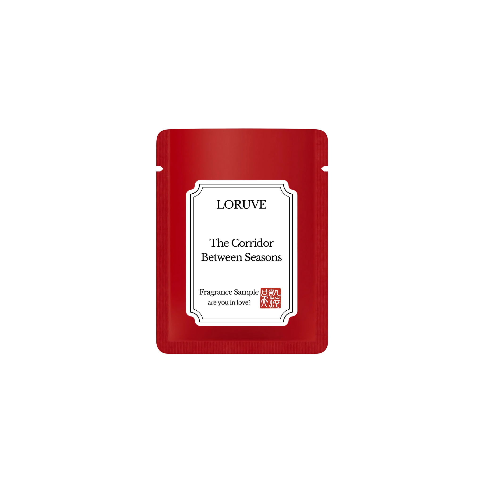 Red Loruve fragrance sample packet on a white background